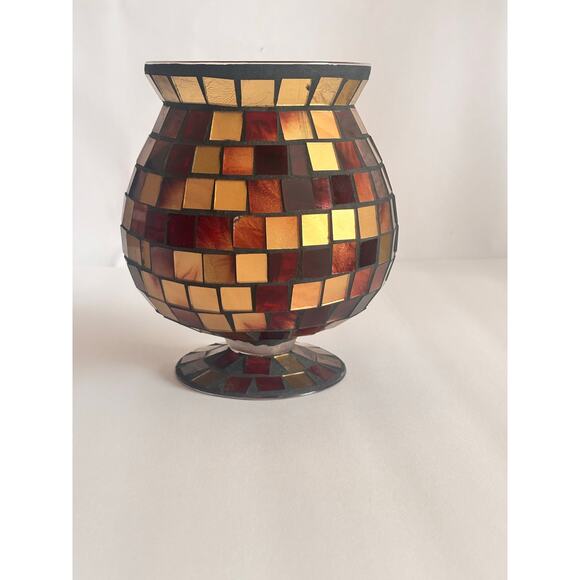Vintage Mosaic Glass Pedestal Vase CandleHolder 8” tall Gold Amber Brown - Picture 1 of 7